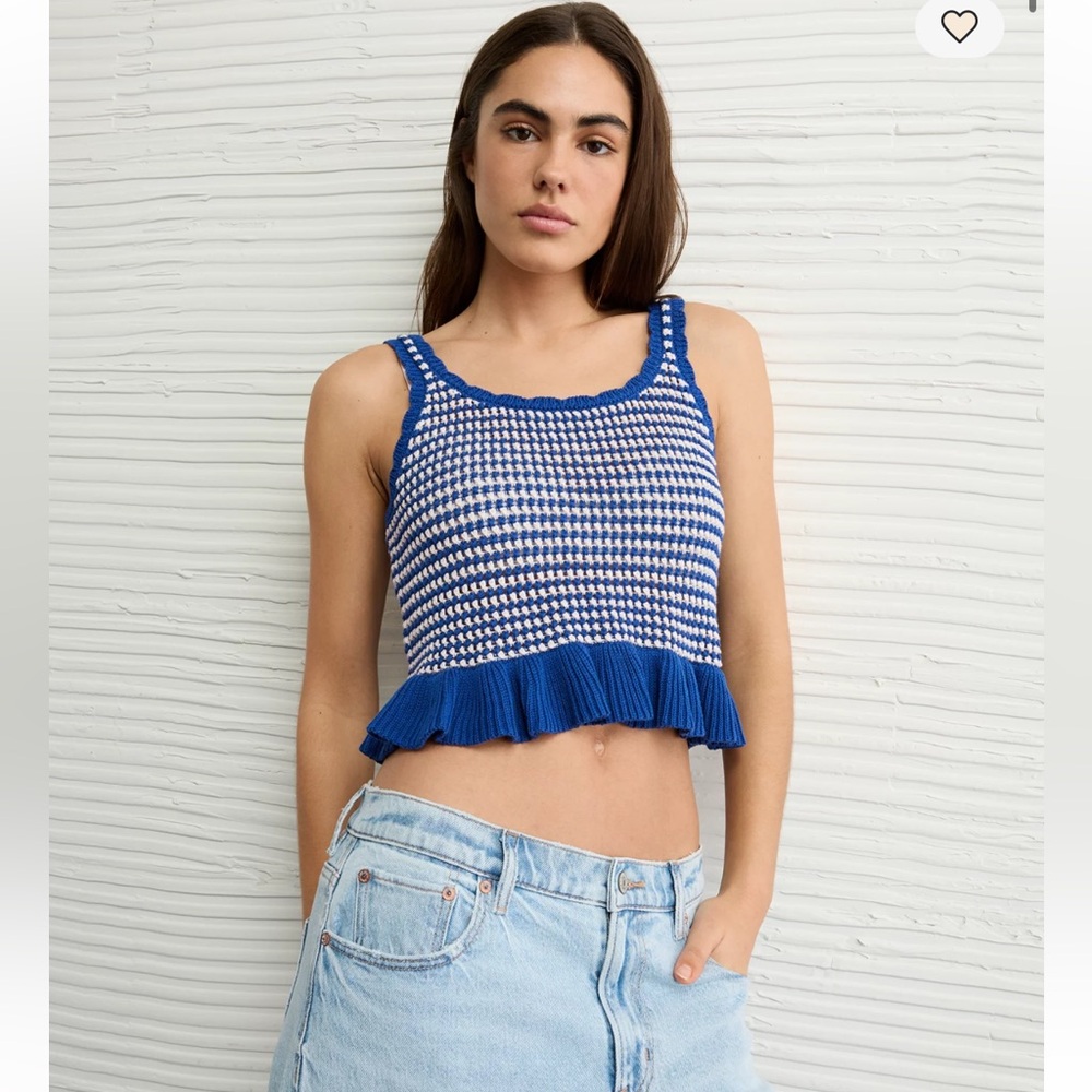 American Eagle crochet blue and white top nwt
